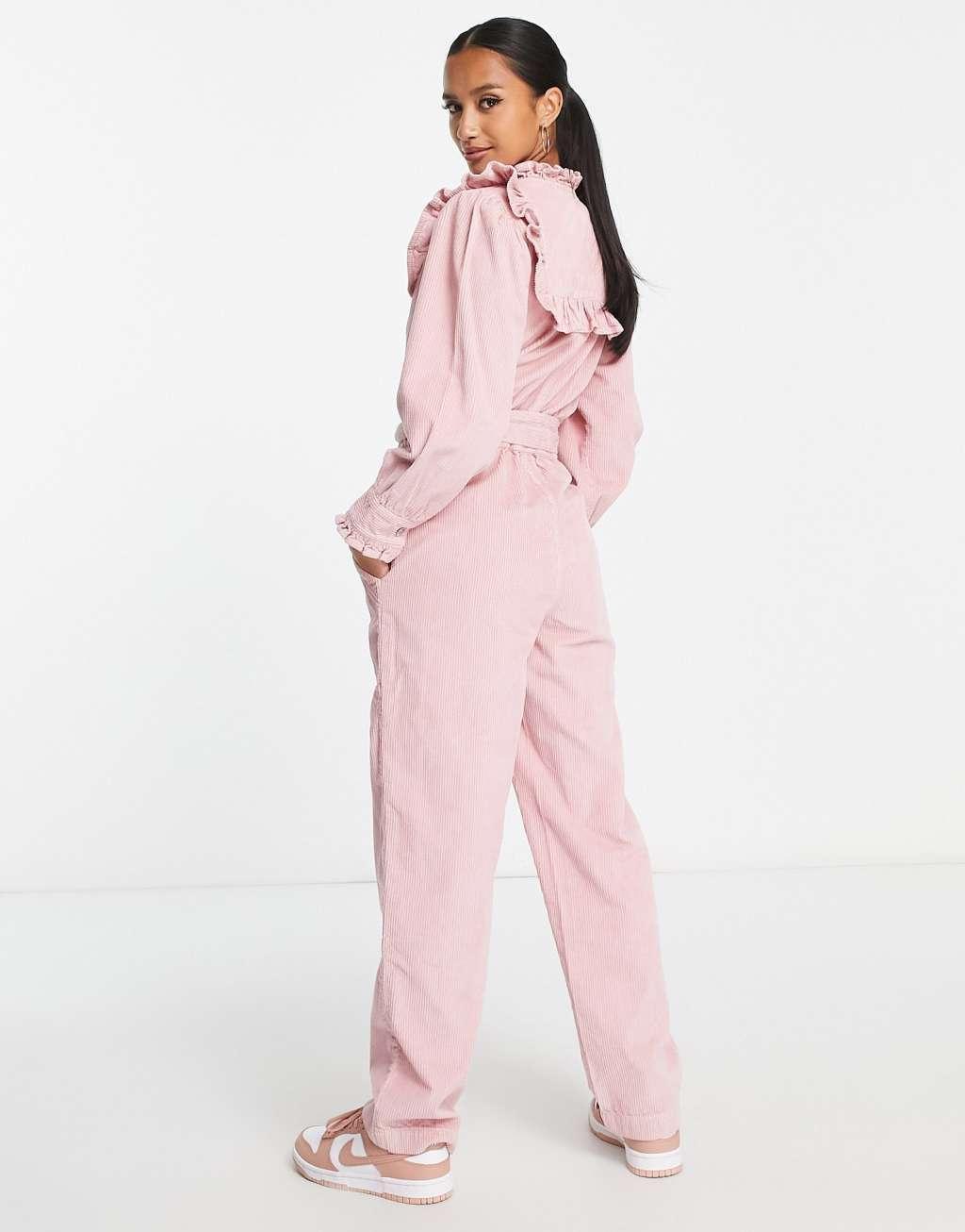 Miss Selfridge Petite corduroy bib frill belted jumpsuit in pale pink Product Image