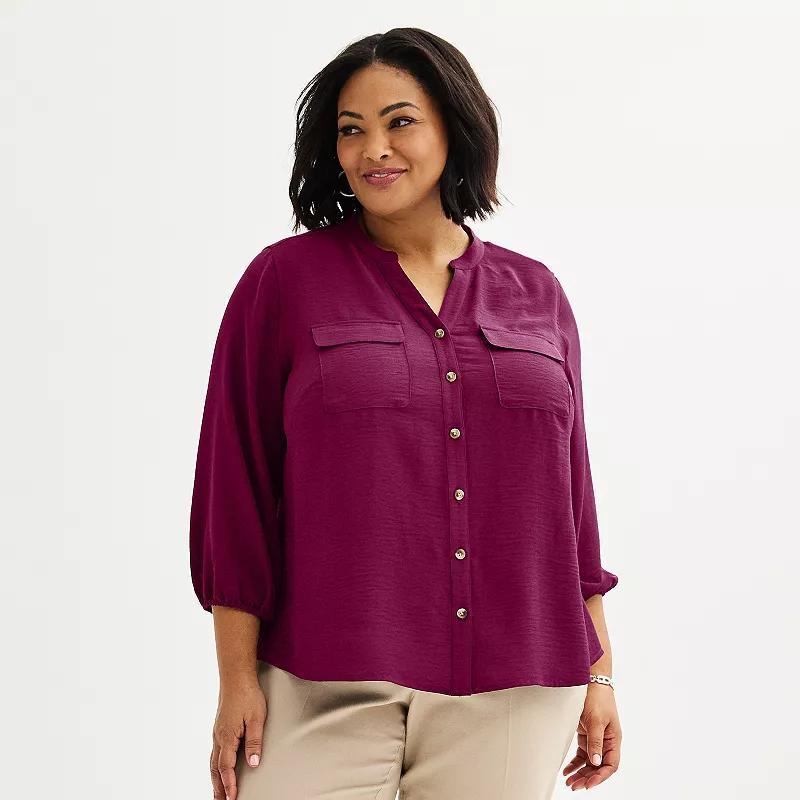 Plus Size Croft & Barrow Y Neck Button Front Blouse, Womens Product Image