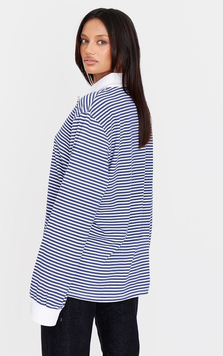 Navy Striped Collared Oversized Long Sleeve T Shirt Product Image