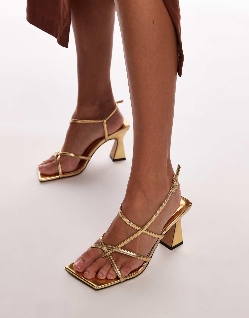 Topshop Wide Fit Gracy strappy block heeled sandals in gold Product Image