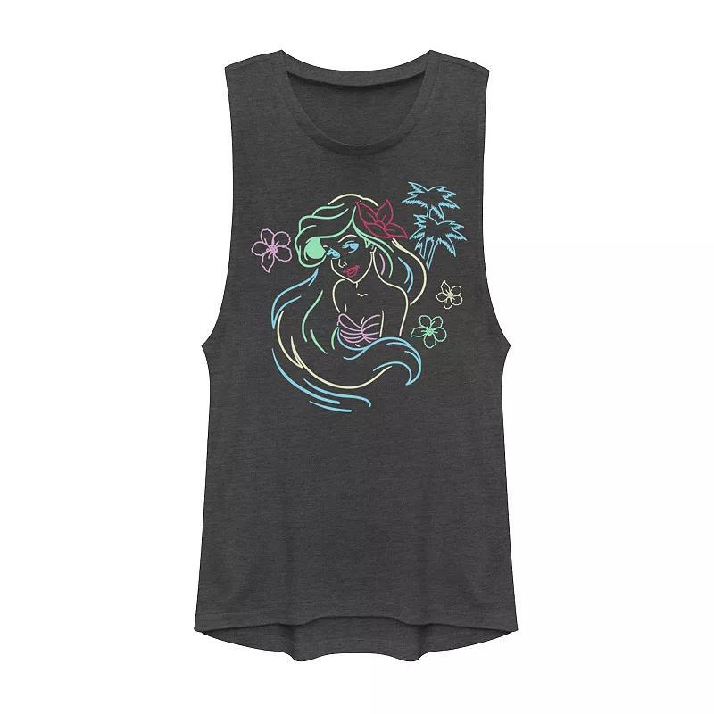 Disneys Little Mermaid Ariel Neon Lights Muscle Juniors Tank Top, Girls Grey Product Image