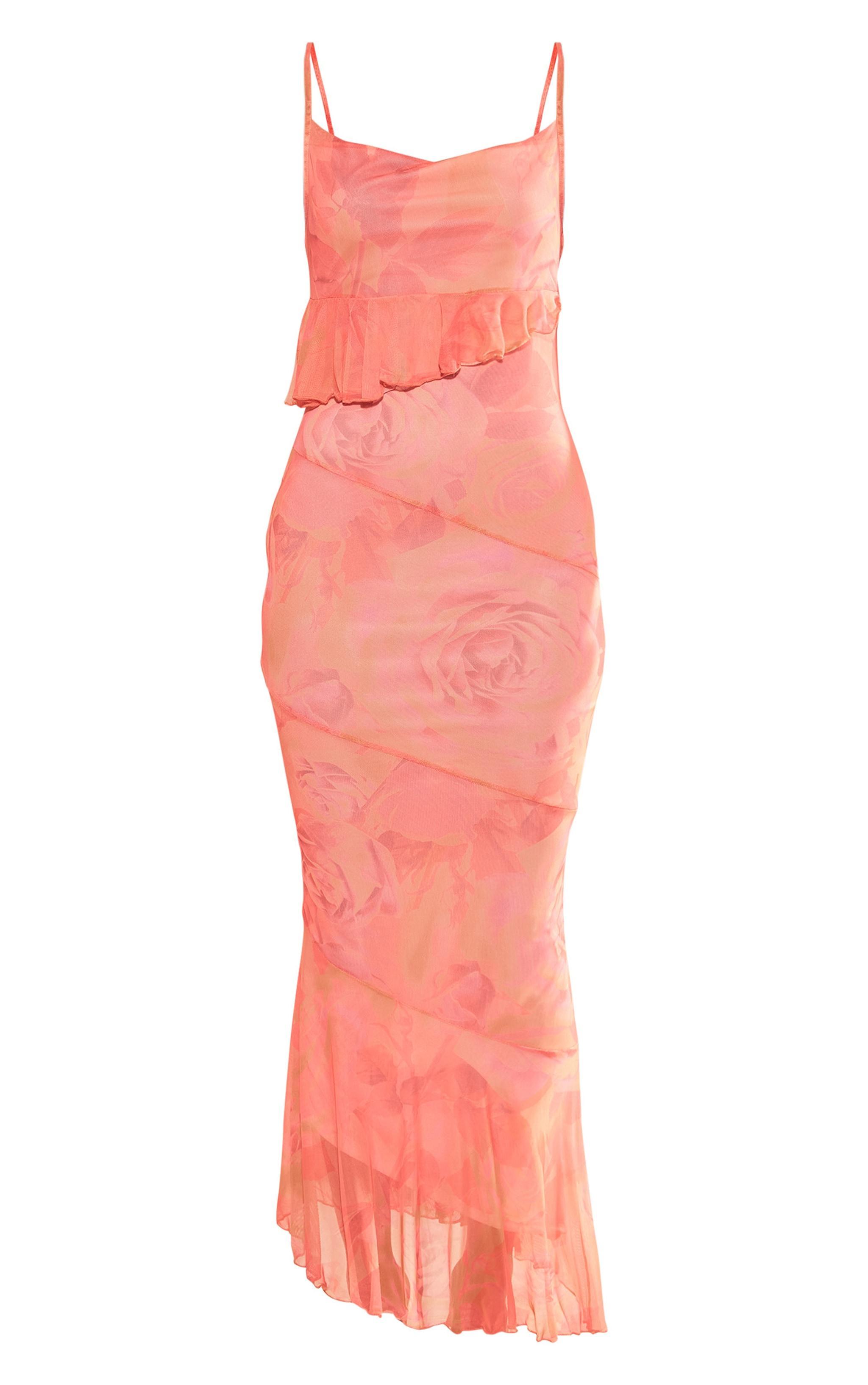 Pink Printed Mesh Frill Cowl Back Maxi Dress Product Image