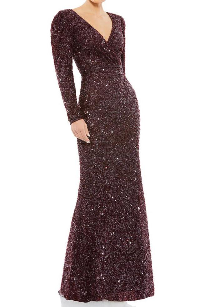 Long Sleeve Sequin Trumpet Gown In Mahogany Product Image