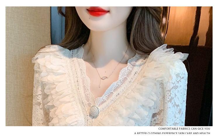 Long Sleeve V-Neck Ruffle Trim Floral Lace Blouse product image