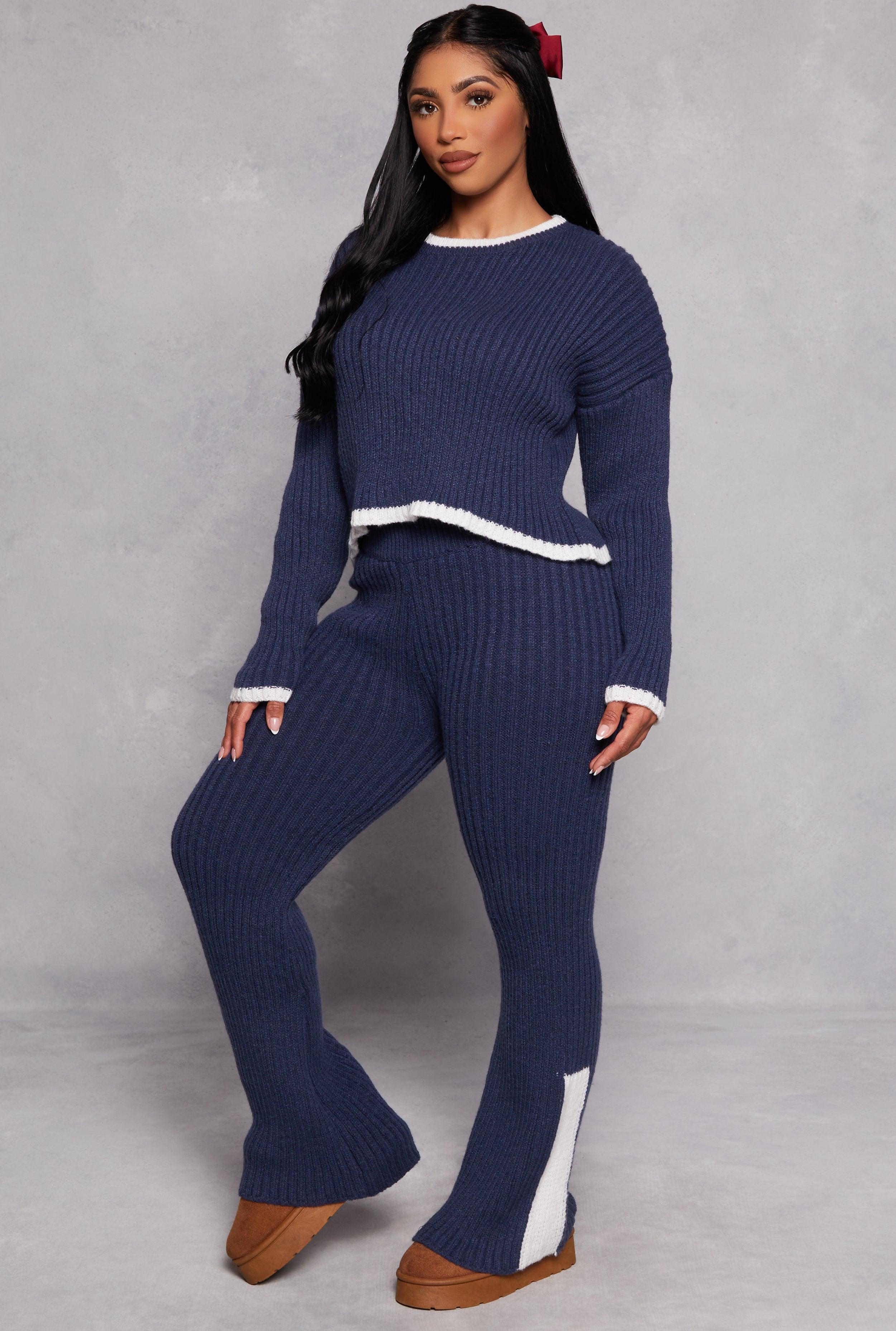 Womens Knit Contrast Stripe High Waist Flare Pants Product Image