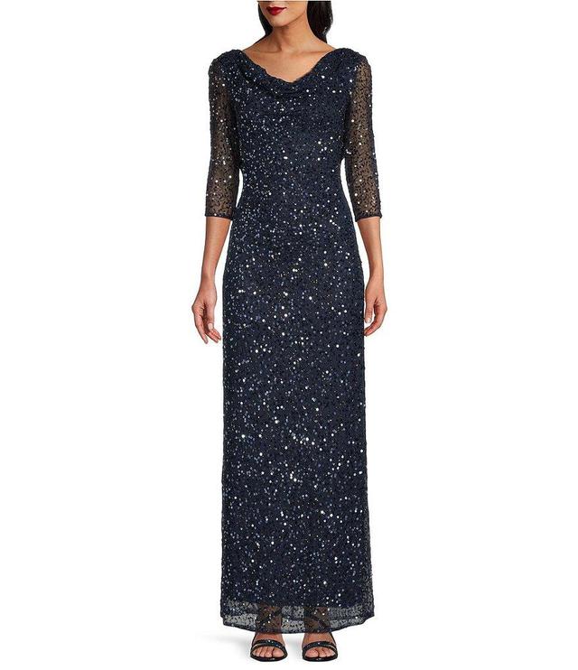 Pisarro Nights Sequin 3/4 Sleeve Cowl Neck Gown Product Image