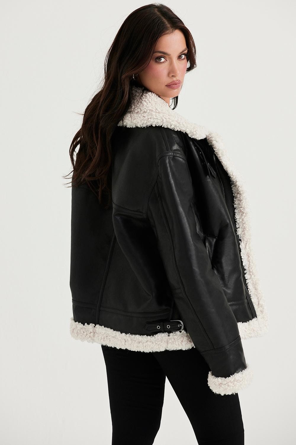 Madden Black Vegan Shearling Aviator Jacket Product Image