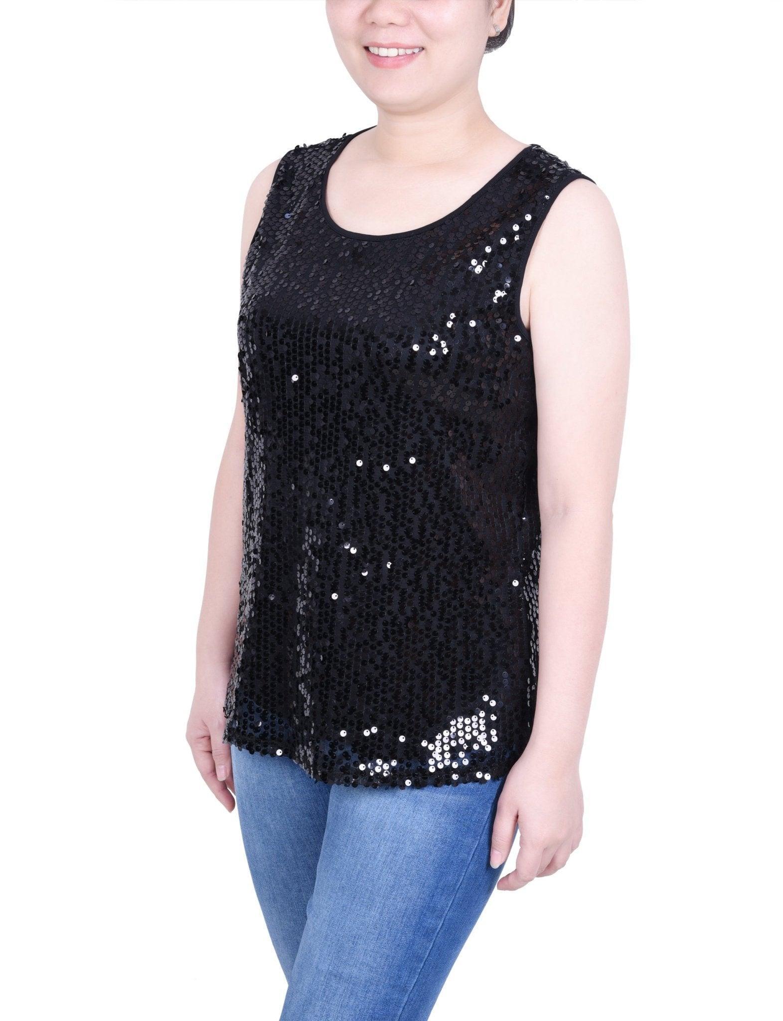 Sleeveless Sequined Tank Top With Combo Banding - Petite Product Image