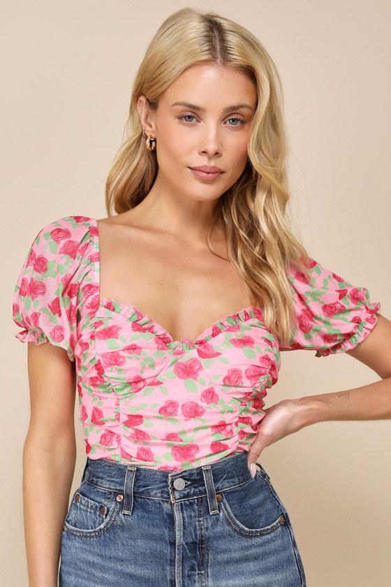 Vibrant Flirt Pink Floral Mesh Puff Sleeve Ruched Bodysuit Product Image