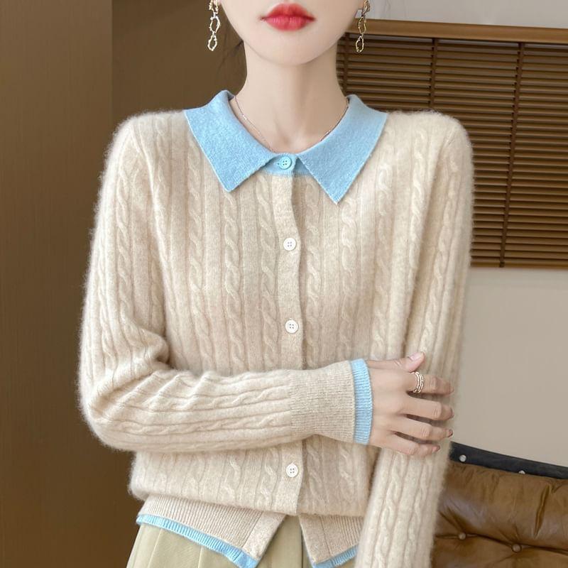 Mock Two-Piece Collared Cable Knit Cardigan Product Image