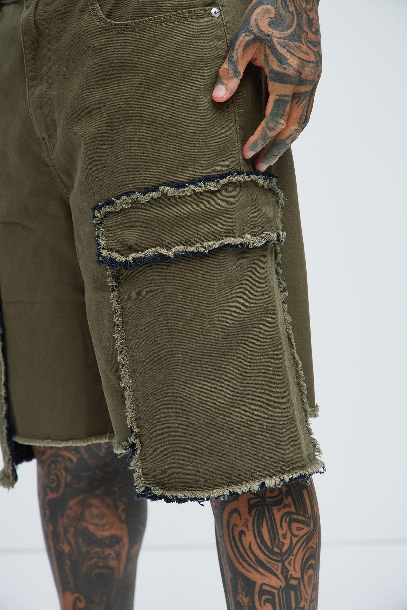 Murphy Raw Relaxed Cargo Denim Shorts - Olive Product Image