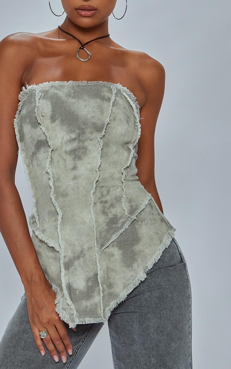 Grey Washed Twill Dip Hem Raw Edge Bandeau Long Top Product Image