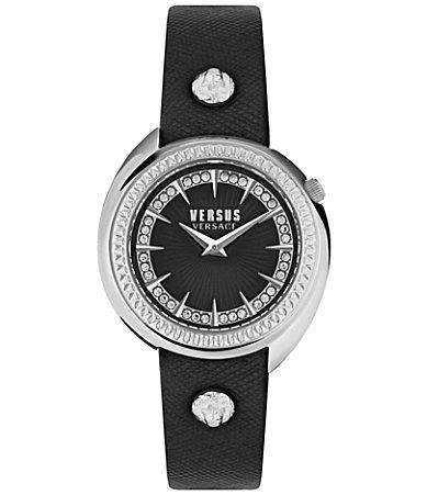 Versus Versace Womens Tortona Crystal 2 Hand Quartz Black Genuine Leather Watch, 38mm Product Image