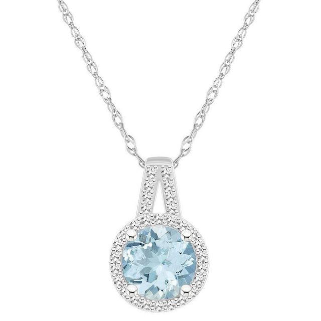 Celebration Gems Sterling Silver 7 mm Round Gemstone & 1/8 Carat T.W. Diamond Halo Pendant Necklace, Womens Aquamarine Product Image