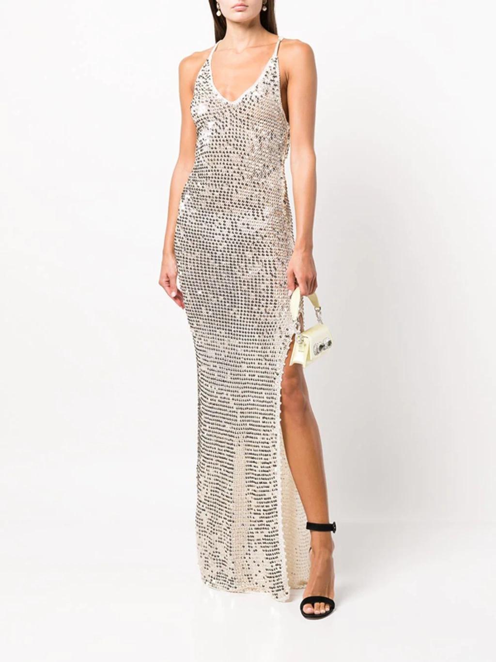 Marie Sequinned Crocheted Dress In Metallic Gold Product Image