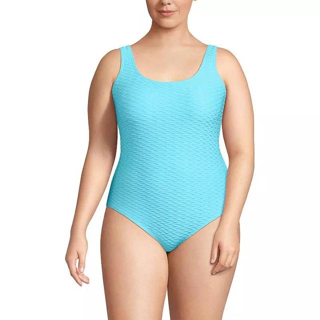 Plus Size Lands End Jacquard Scoopneck Sporty Tugless High Leg One-Piece Swimsuit, Womens Product Image