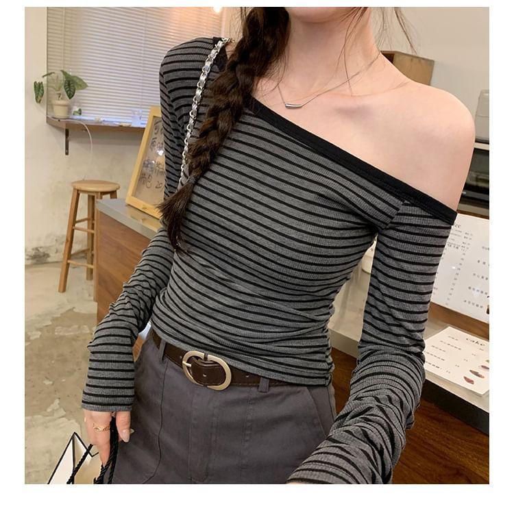 Long Sleeve One Shoulder Striped Tee Product Image