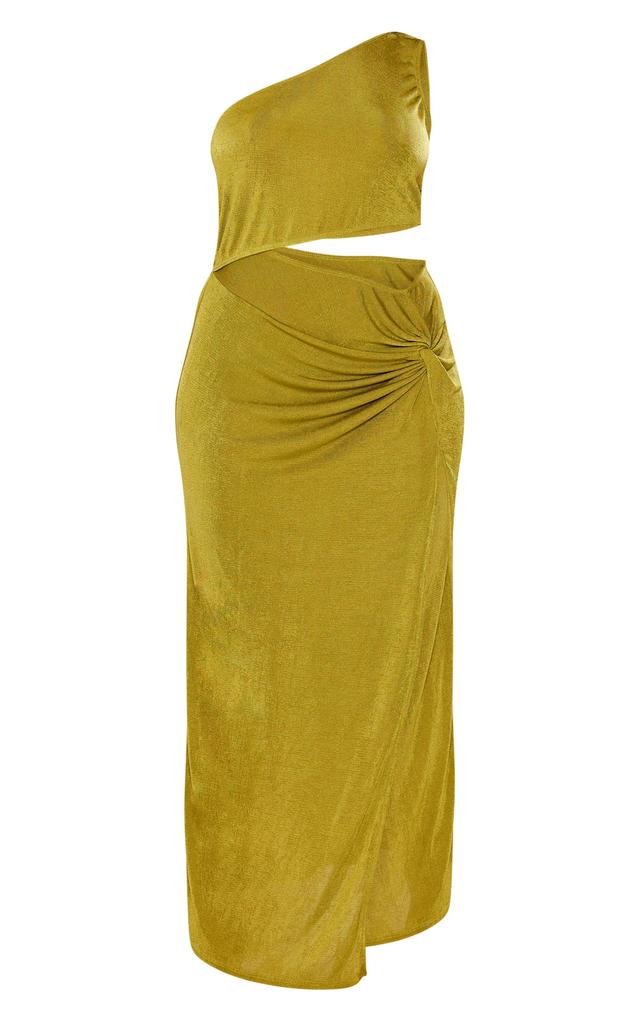 Plus Olive Slinky Asymmetric Shoulder Cut Out Maxi Dress Product Image