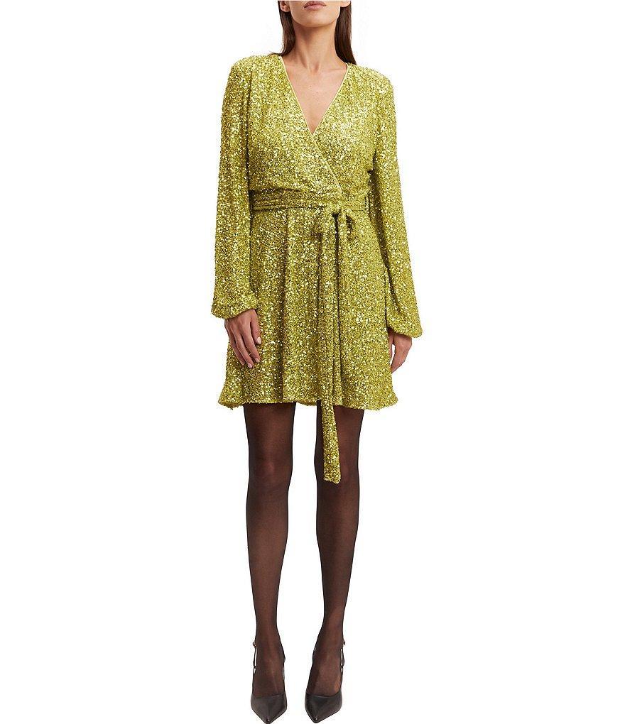 Bardot Bellissa Sequin V-Neck Long Sleeve Tie Front Wrap Mini Dress Product Image