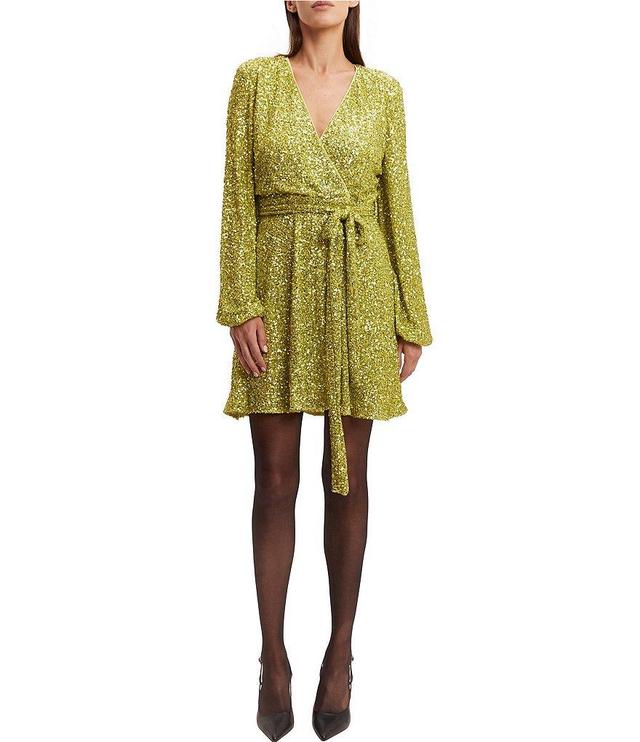 Bardot Bellissa Sequin V-Neck Long Sleeve Tie Front Wrap Mini Dress Product Image