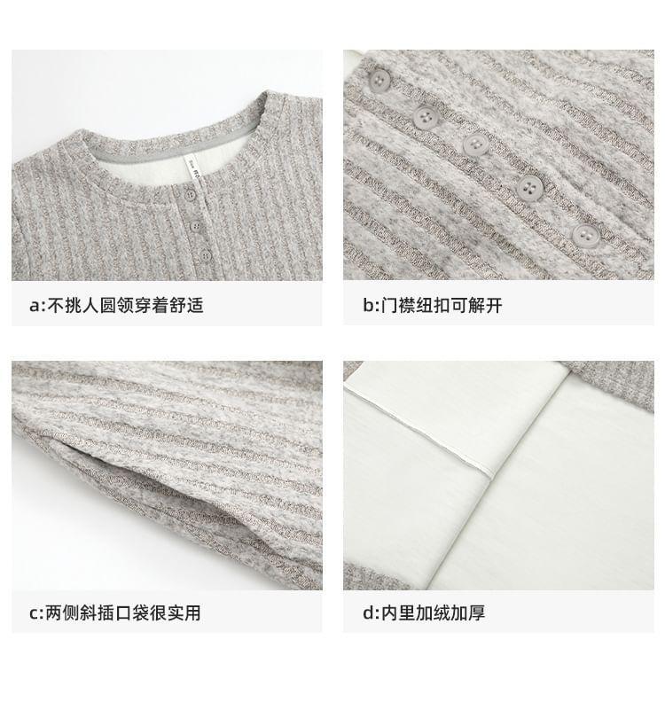 Long-Sleeve Plain Ribbed Midi A-Line Dress Product Image