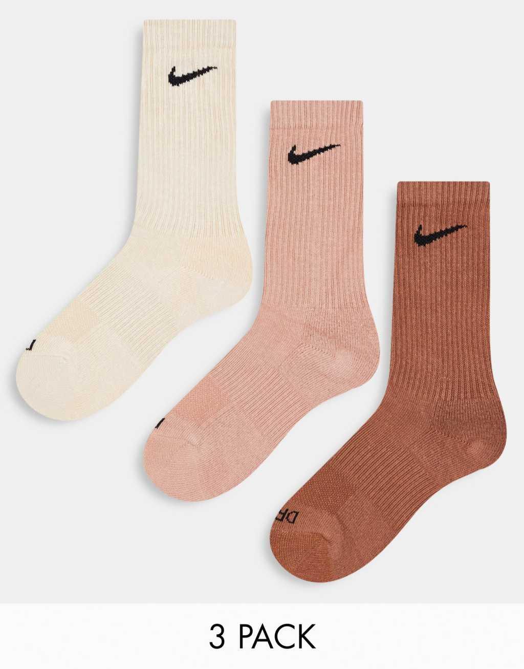 Nike Training Everyday Plus Cushioned 3-pack crew socks in brown and beige Product Image