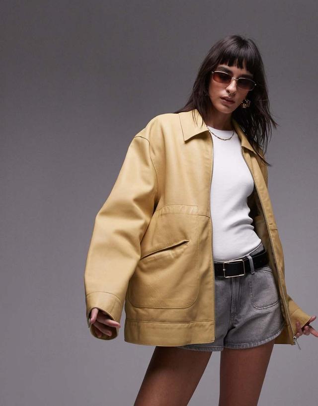 Topshop premium real leather harrington jacket in yellow Product Image