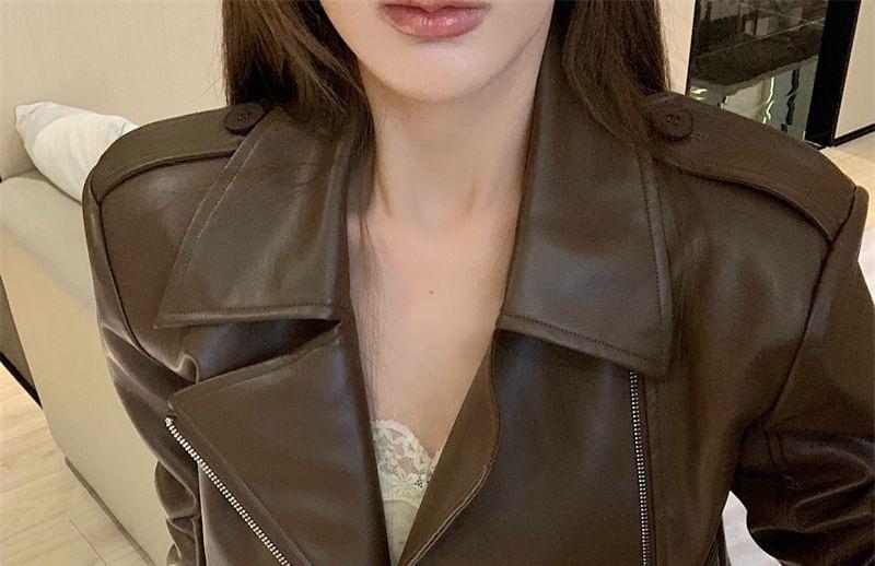 Collared Faux Leather Zip-Up Crop Jacket Product Image