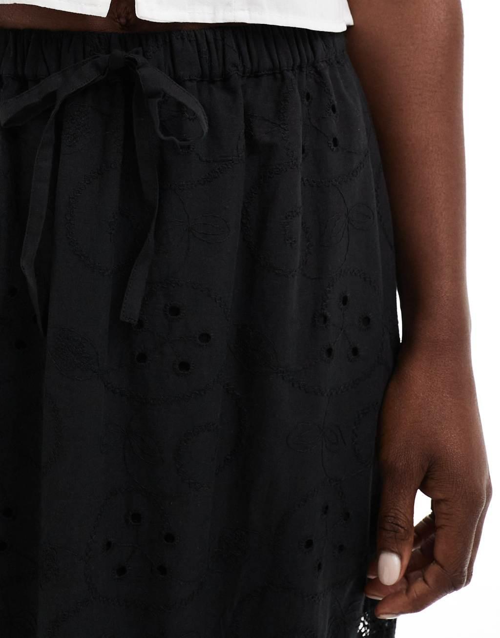 Miss Selfridge broderie lace insert tiered prairie maxi skirt in black Product Image