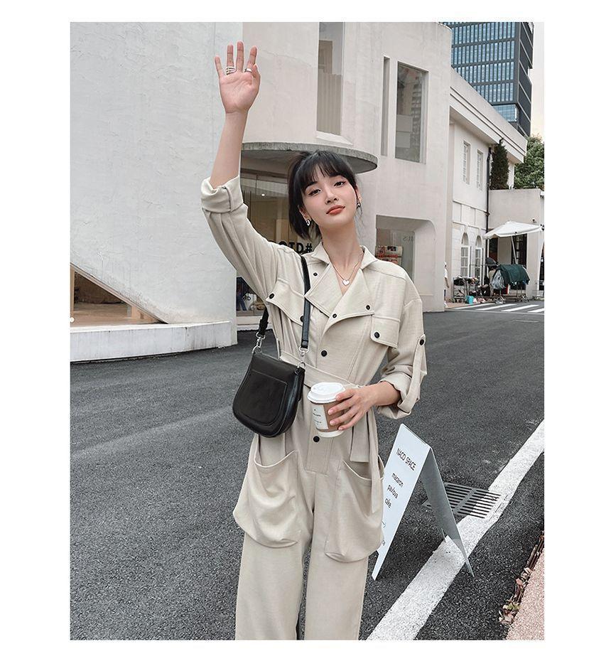 Long-Sleeve Collared Plain Button Jumpsuit Product Image