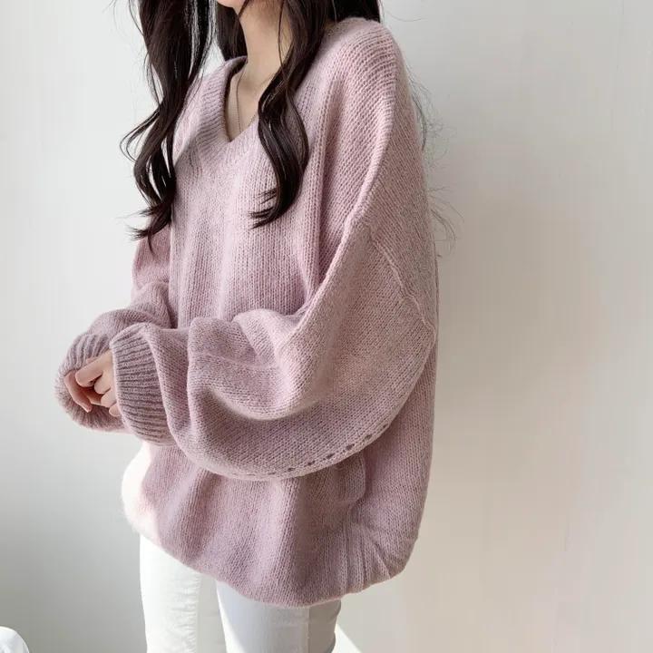 V-Neck Drop-Shoulder Plain Sweater Product Image