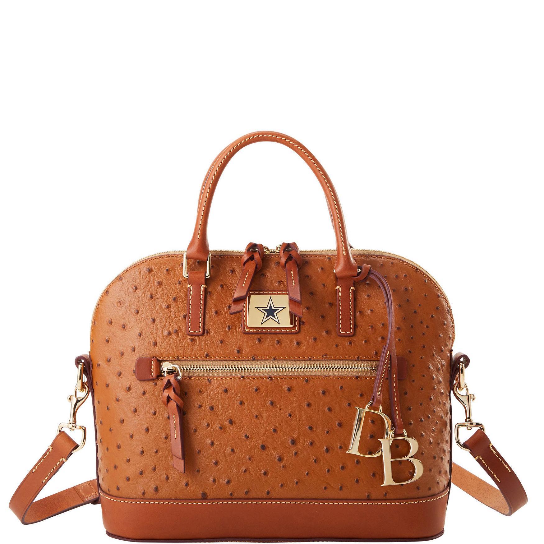 Dooney & Bourke Womens NFL Cowboys Domed Zip Coated Cotton Satchel Bag in Caramel Product Image