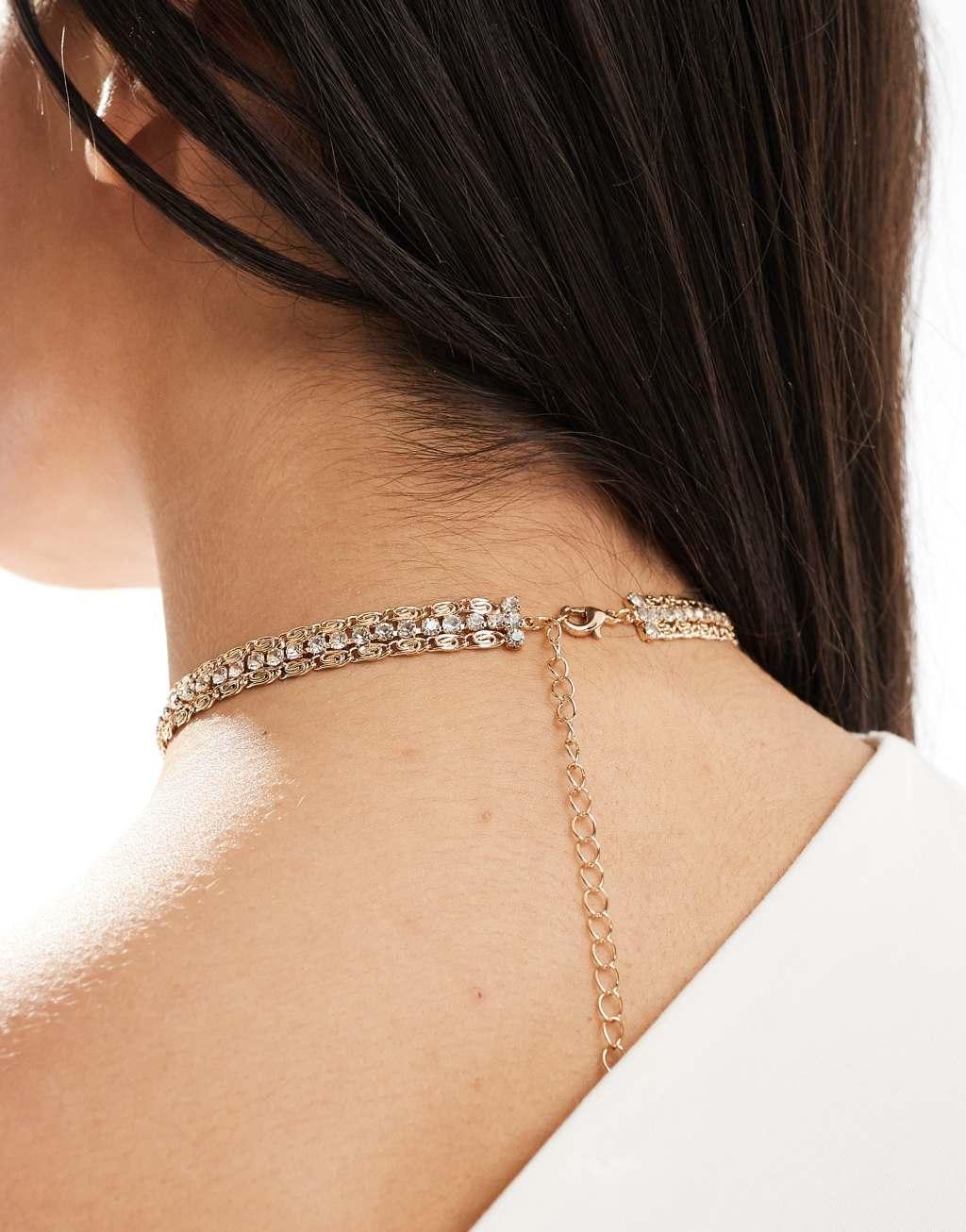 ASOS DESIGN choker necklace with crystal design in gold tone Product Image