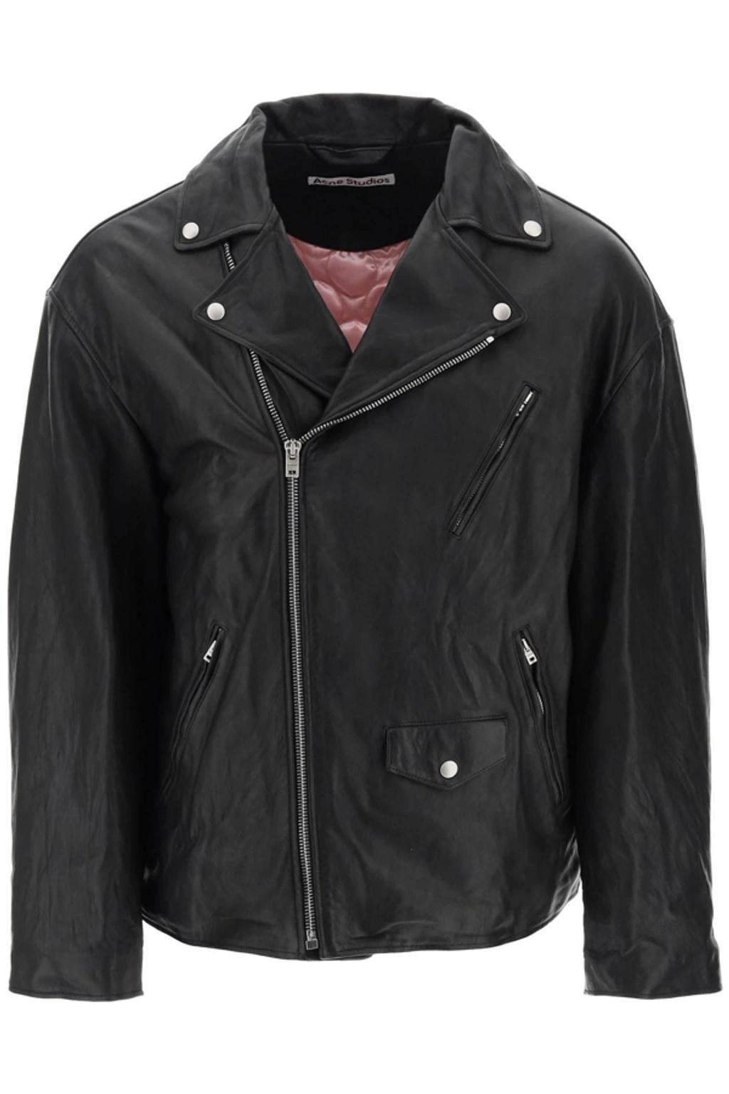 ACNE STUDIOS Off-centre Zip Leather Biker Jacket In Black Product Image