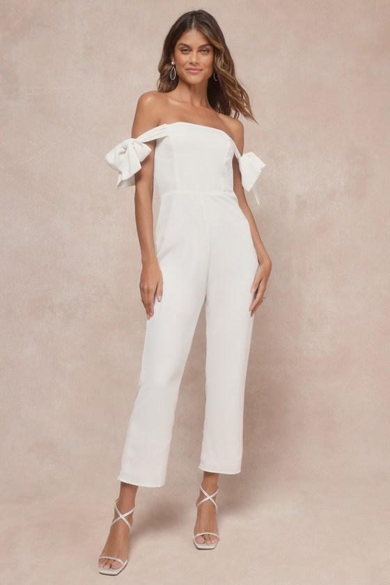 Luxe Behavior White Off-the-Shoulder Tie-Strap Cropped Jumpsuit Product Image