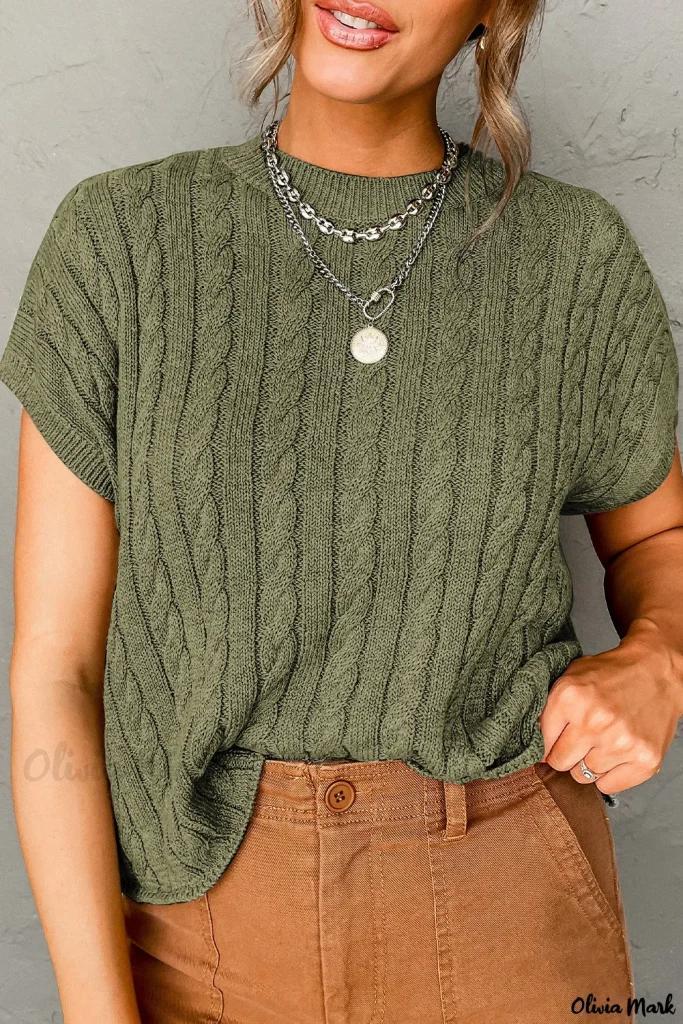 Olivia Mark – Premium Jungle Green Crew Neck Short Sleeve Cable Knit Sweater Product Image