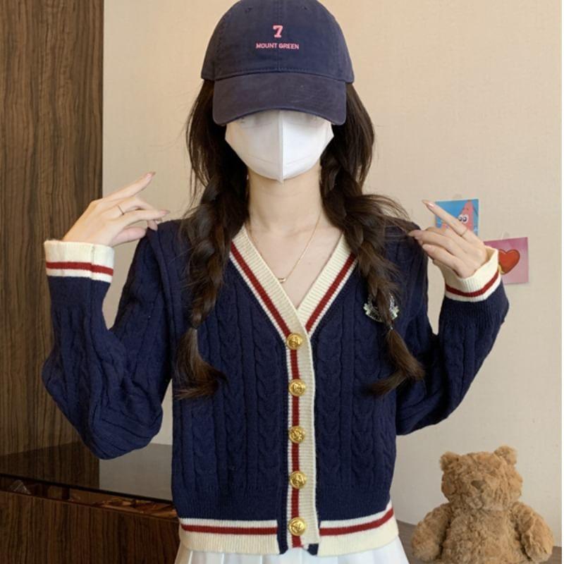 V-Neck Striped Cable Knit Cardigan Product Image