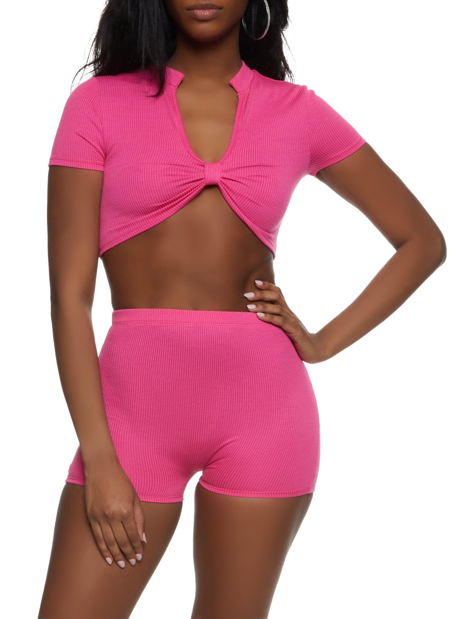 Womens Ribbed Knot Front Crop Top and Shorts Set Product Image