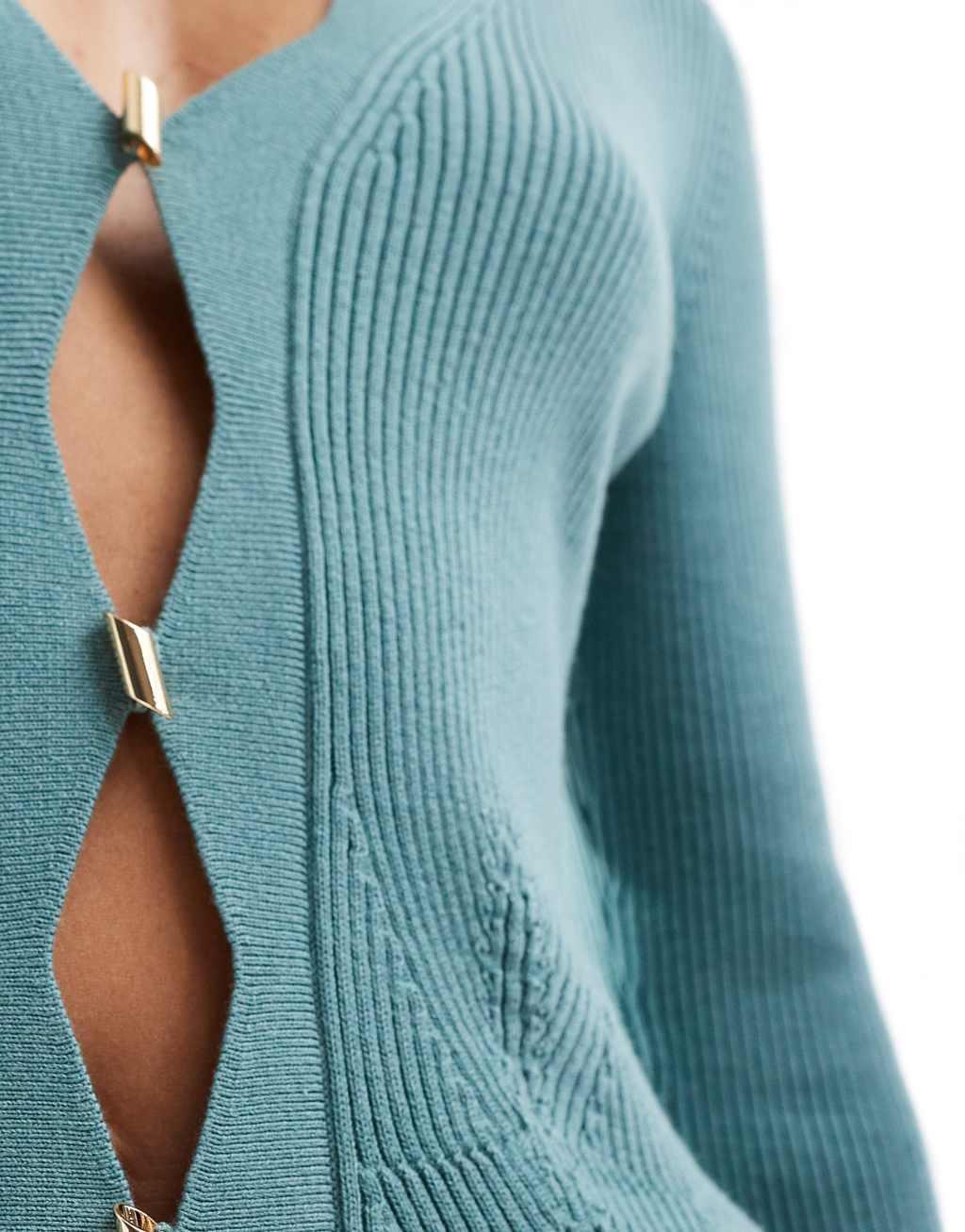 & Other Stories fitted cardigan with extended flared sleeve and scalloped front button detail in teal blue Product Image