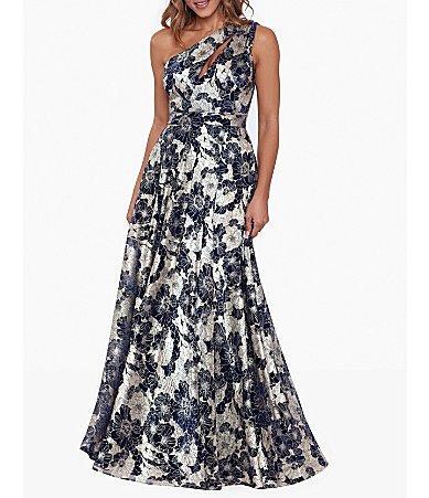 Betsy  Adam Metallic Floral One Shoulder Keyhole Sleeveless Gown Product Image