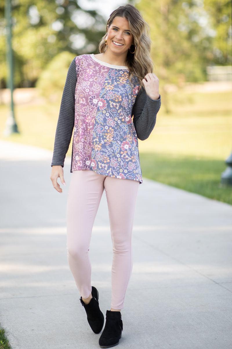 Charcoal Multicolor Paisley Floral Print Top Product Image