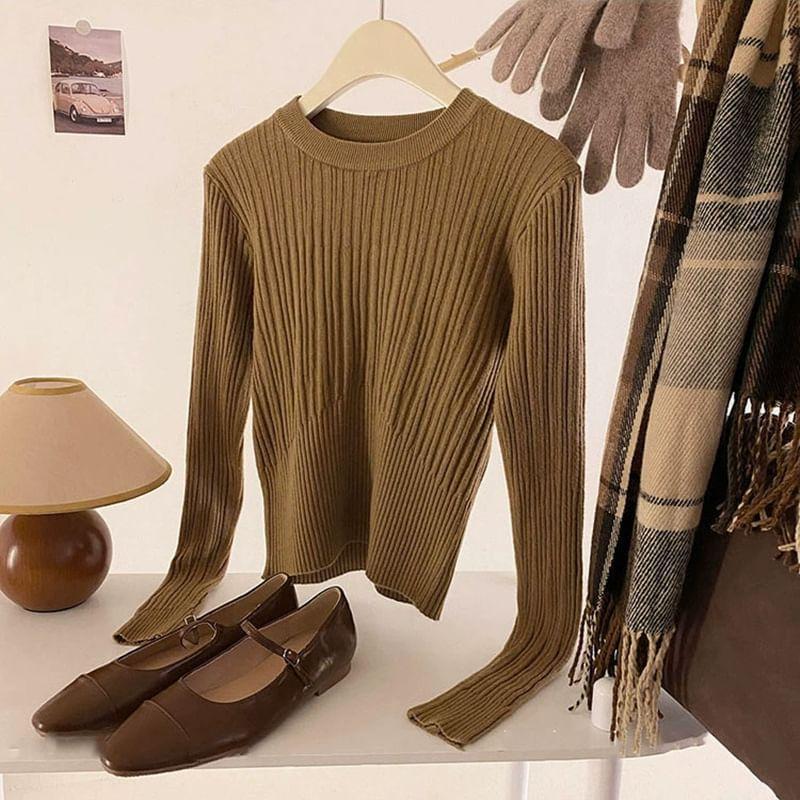 Long-Sleeve Round Neck Plain Ribbed Knit Top Product Image