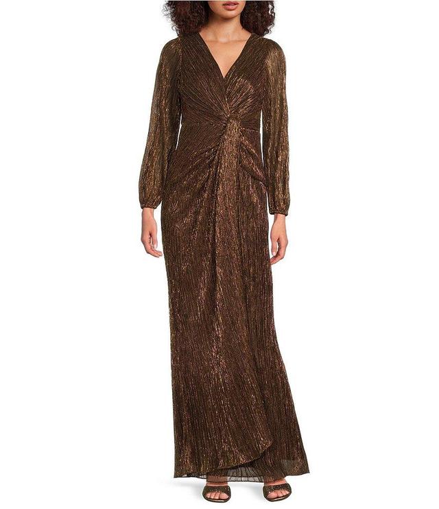 Adrianna Papell Metallic Long Sleeve Surplice V-Neck Ruched Detailed Draped Gown Product Image