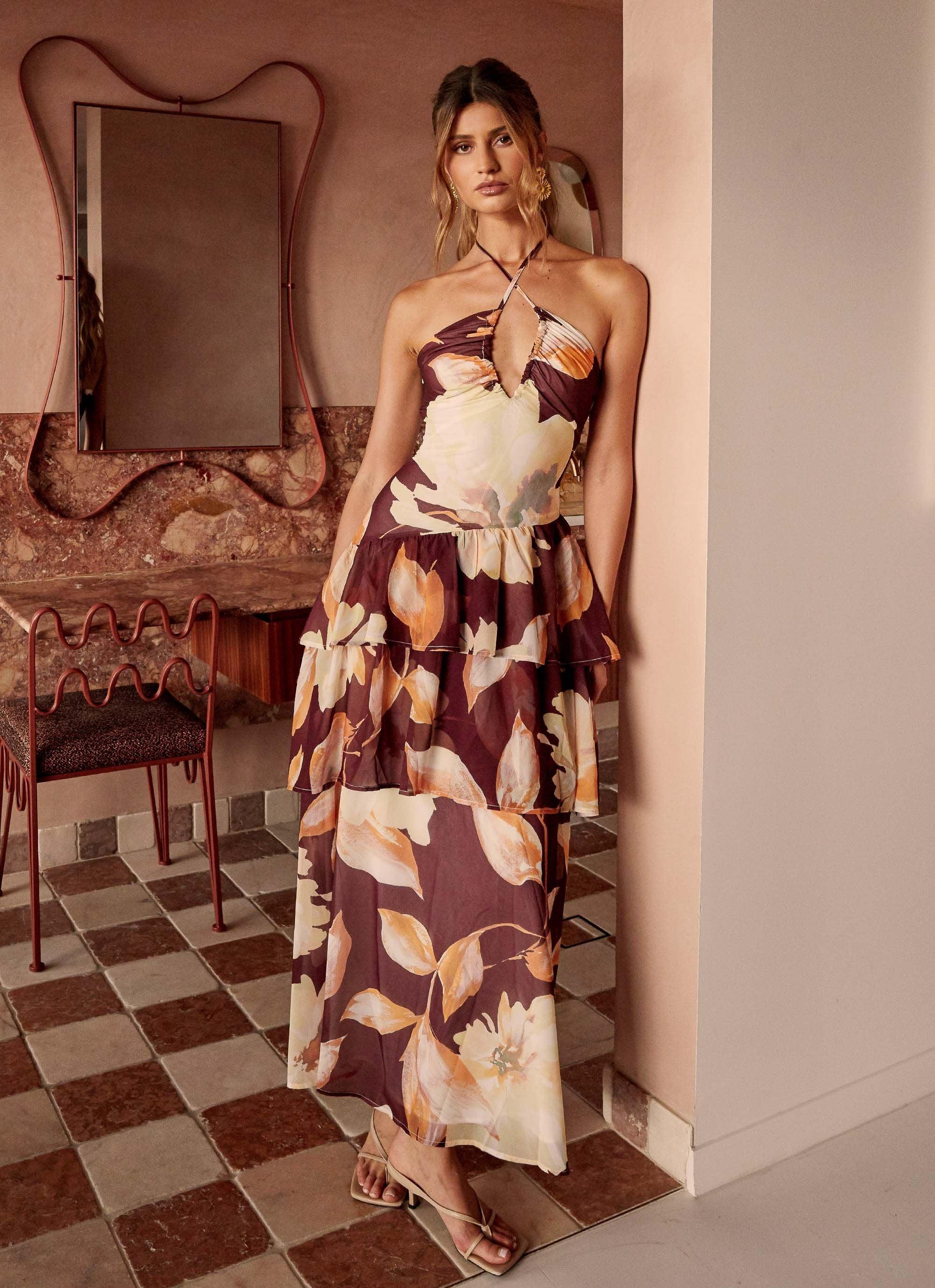 Sunset Chaser Maxi Dress - Brown Floral Product Image