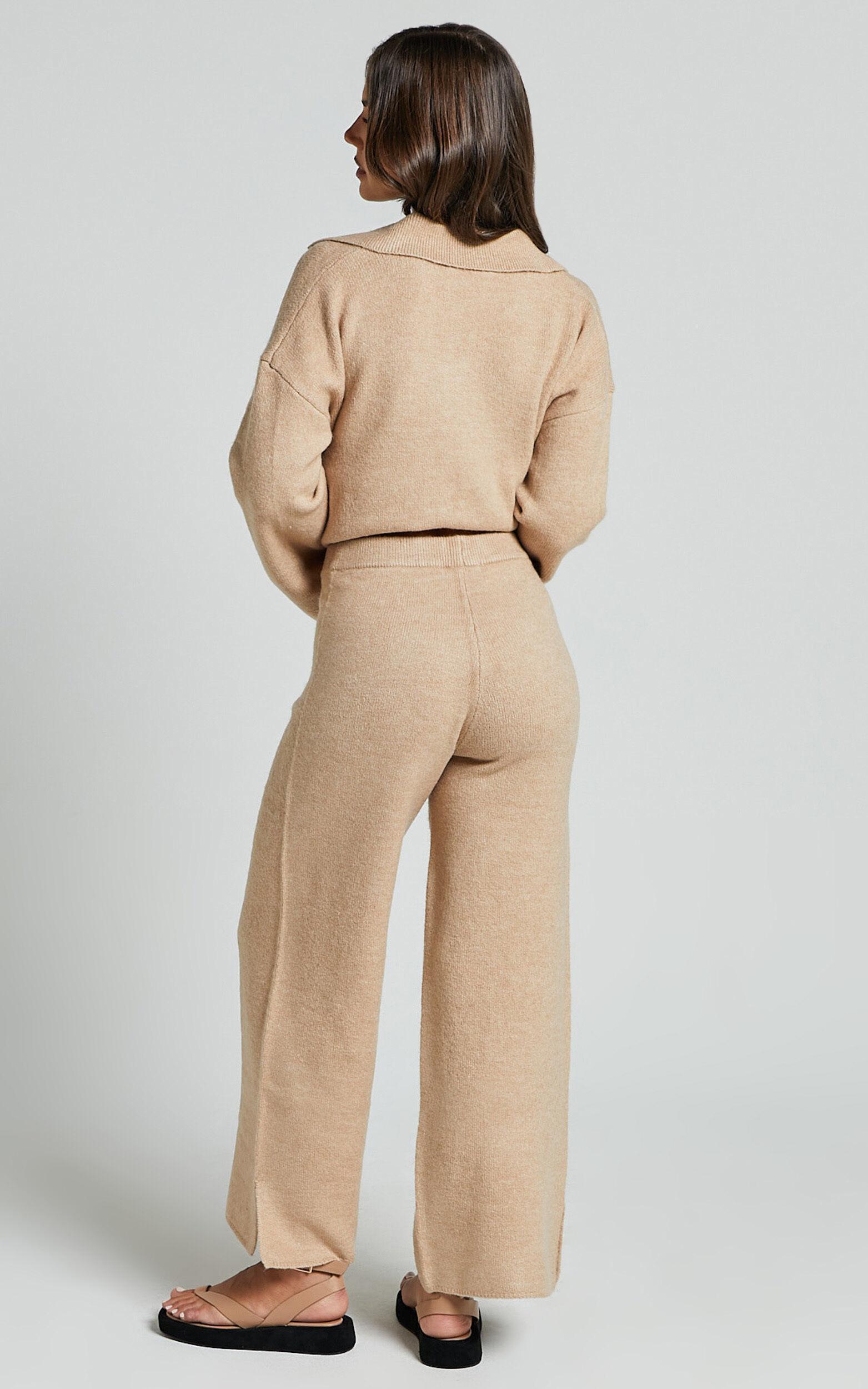 Livia Pants - Knitted High Waisted Side Split Pants in Beige Marl Product Image