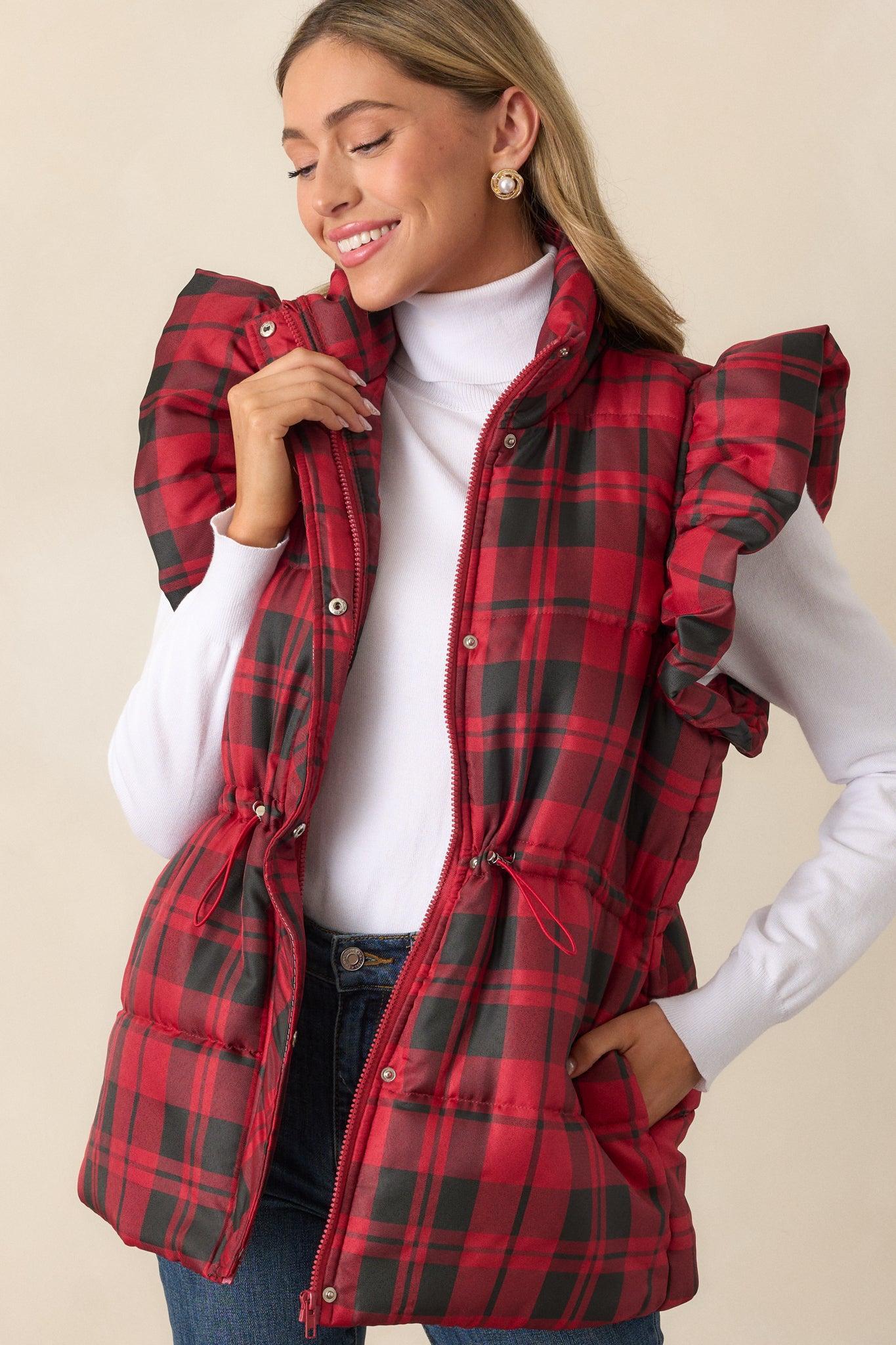 I Found You Red Plaid Flutter Sleeve Puffer Vest Product Image