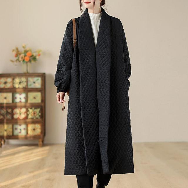 Plain Quilted Button-Up Long Coat Product Image