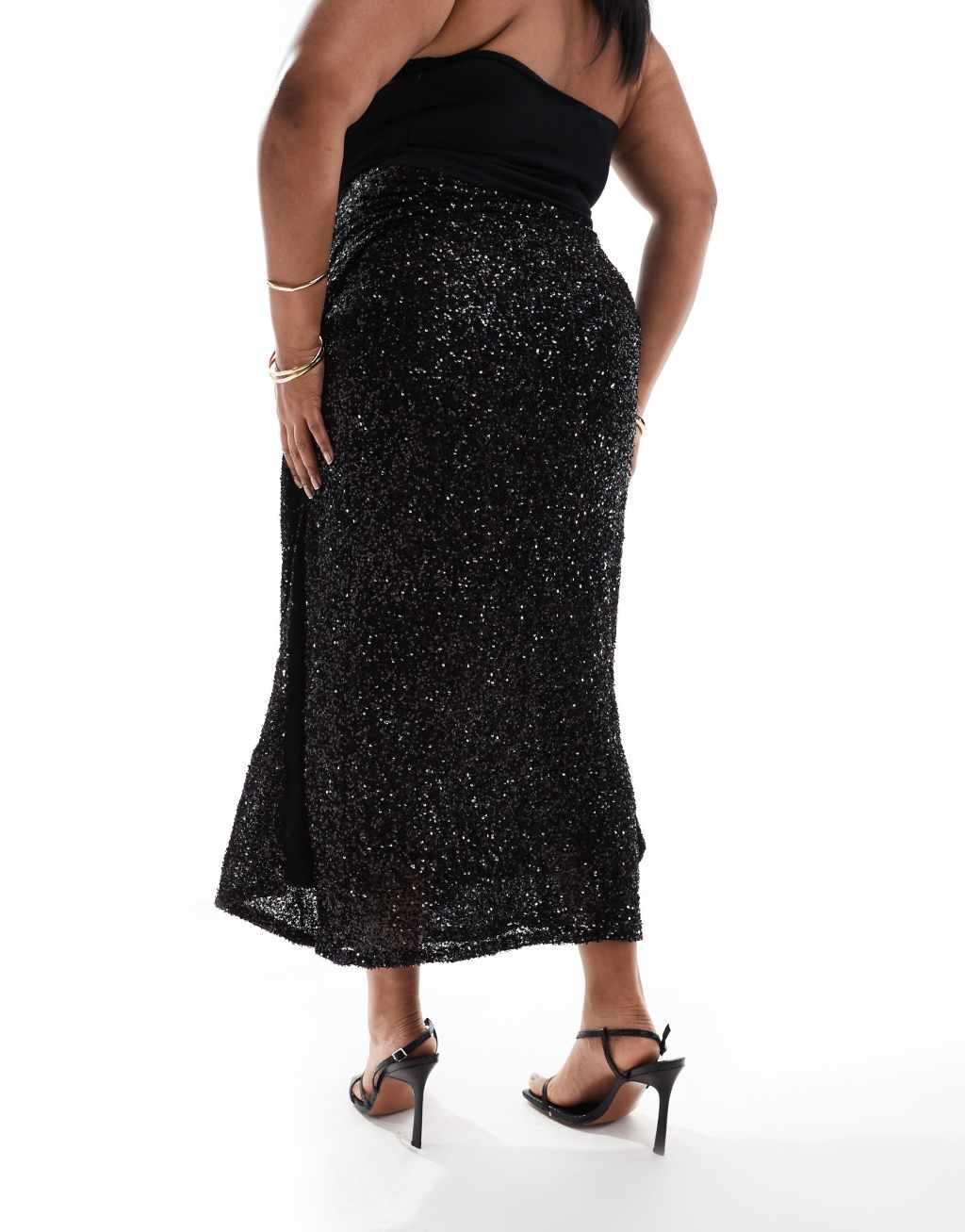 Never Fully Dressed Plus Jaspre sequin wrap maxi skirt in black  Product Image