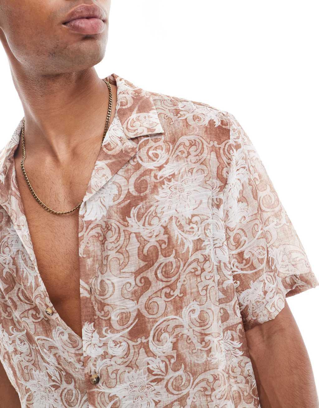 ASOS DESIGN relaxed camp collar shirt with baroque floral print in neutral  Product Image