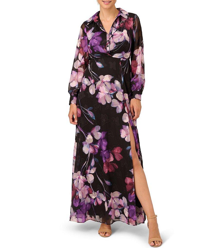 Adrianna Papell Floral Collared Neckline Long Sleeve Shirtdress Twist Bodice Dress Product Image